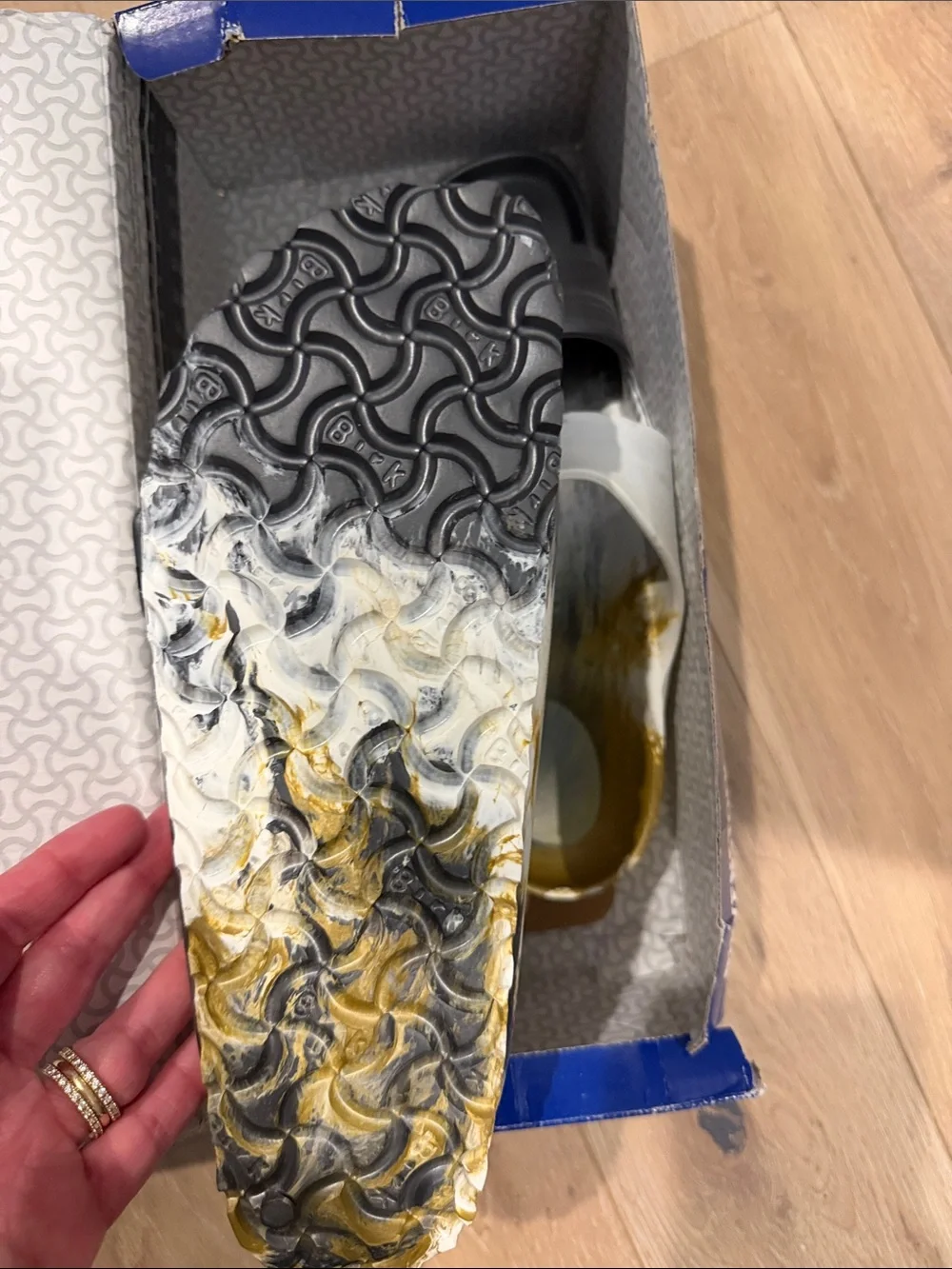 Birkenstock Silver, White and Yellow Painted Slide Sandals - Picture 3 of 3